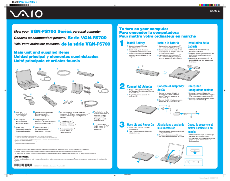 Page 1 de la notice Guide d'installation Sony Vaio VGN-FS790