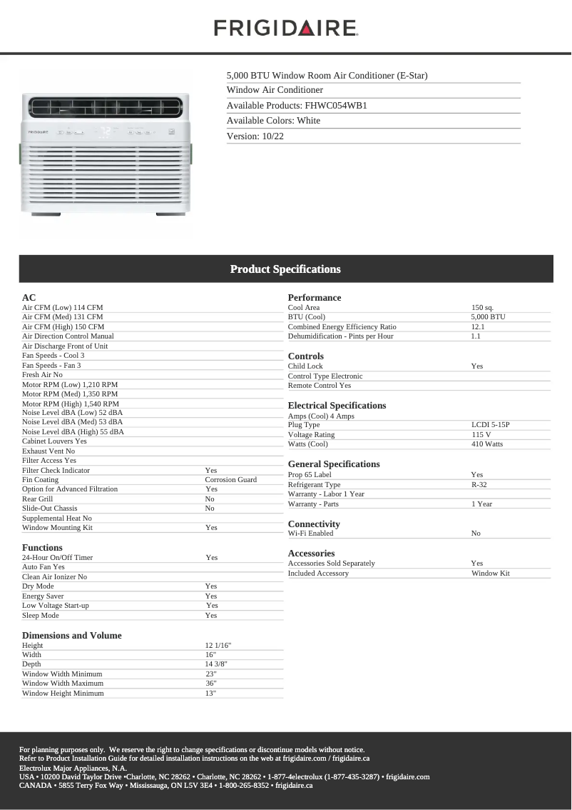 Page 1 de la notice Fiche technique Frigidaire FHWC054WB1