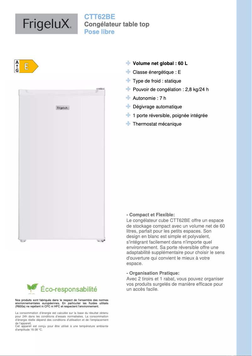 Página 1 del manual Ficha técnica FrigeluX CTT62BE