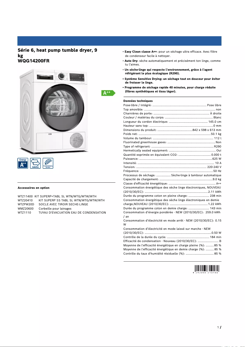 Page 1 of the manual Technical Sheet Bosch WQG14200FR