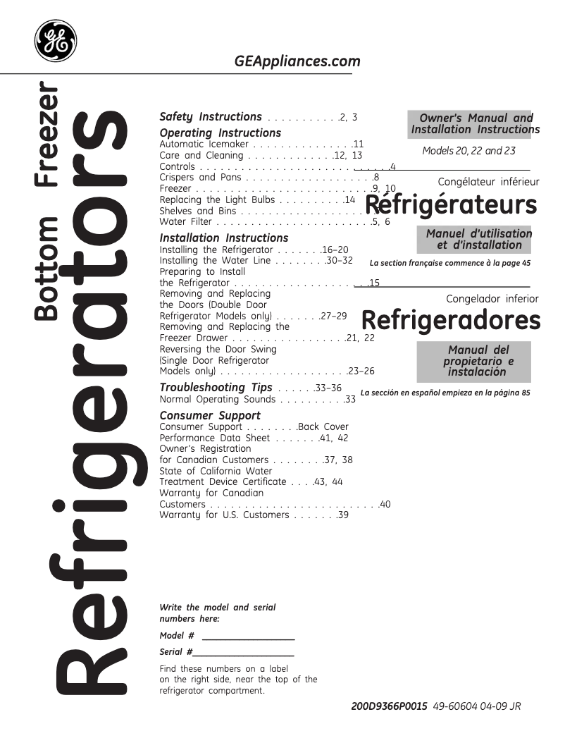 Page 1 de la notice Guide d'installation GE GFSF2KEYBB