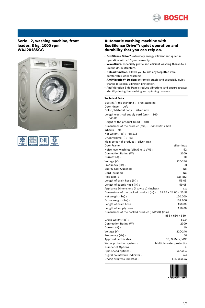 Page 1 of the manual Technical Sheet Bosch WAJ2018SGC