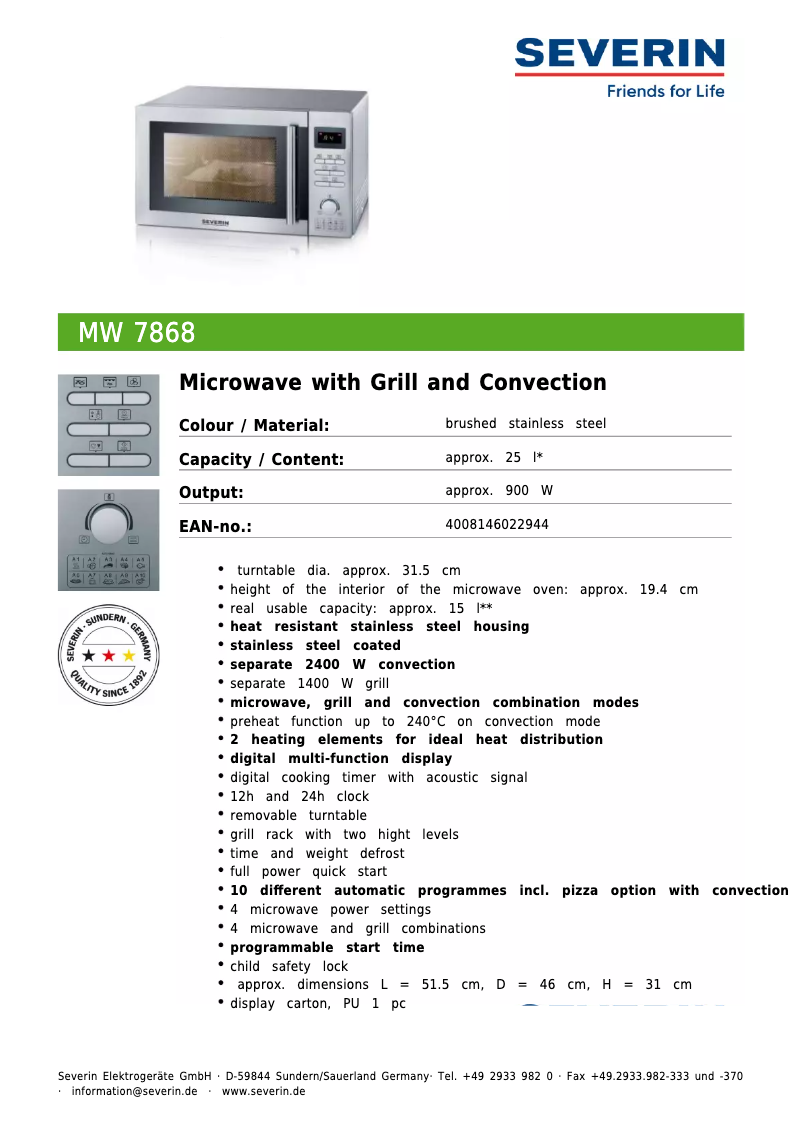 Page 1 de la notice Fiche technique Severin MW 7868