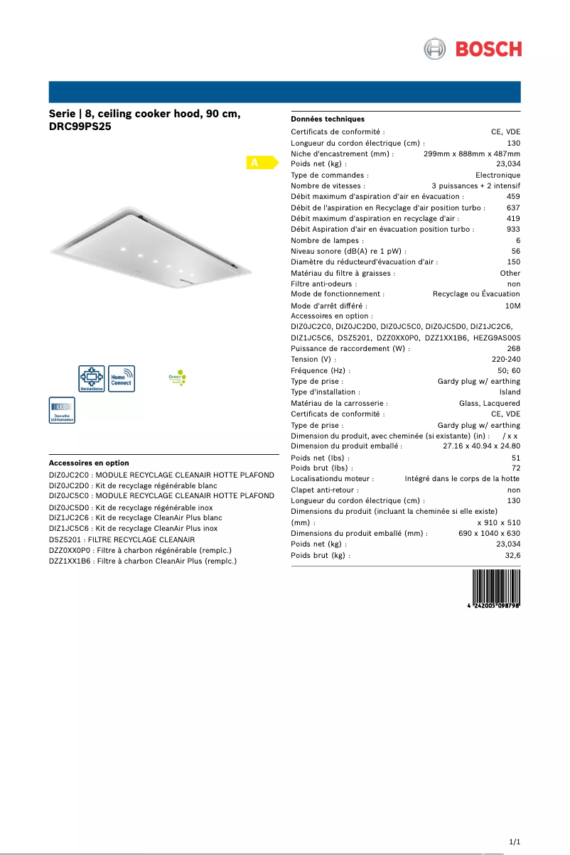 Page 1 de la notice Fiche technique Bosch DRC99PS25