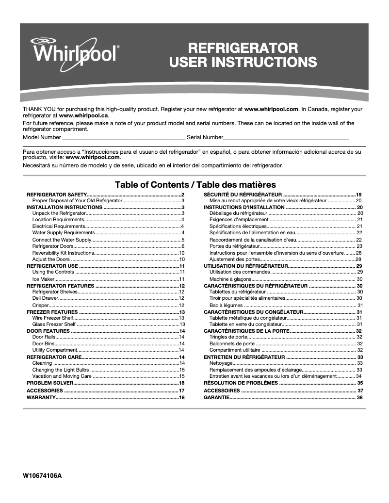 Page 1 de la notice Manuel utilisateur Whirlpool WRT541SZDM