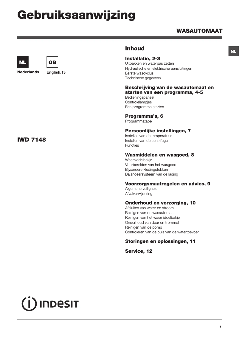 Page n°1 - Manuel utilisateur Indesit IWD 7148 SL