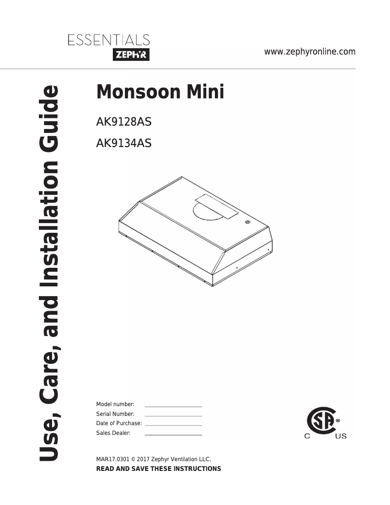 Página 1 del manual Manual de uso y mantenimiento Zephyr AK9128ASBF