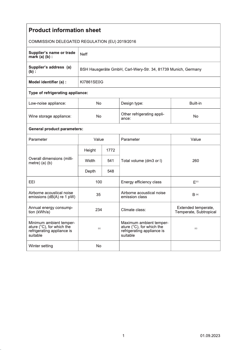 Page 1 de la notice Fiche technique Neff KI7861SE0G
