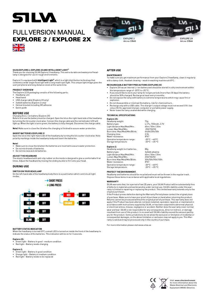 Page 1 de la notice Manuel utilisateur Silva Schneider Explore 2
