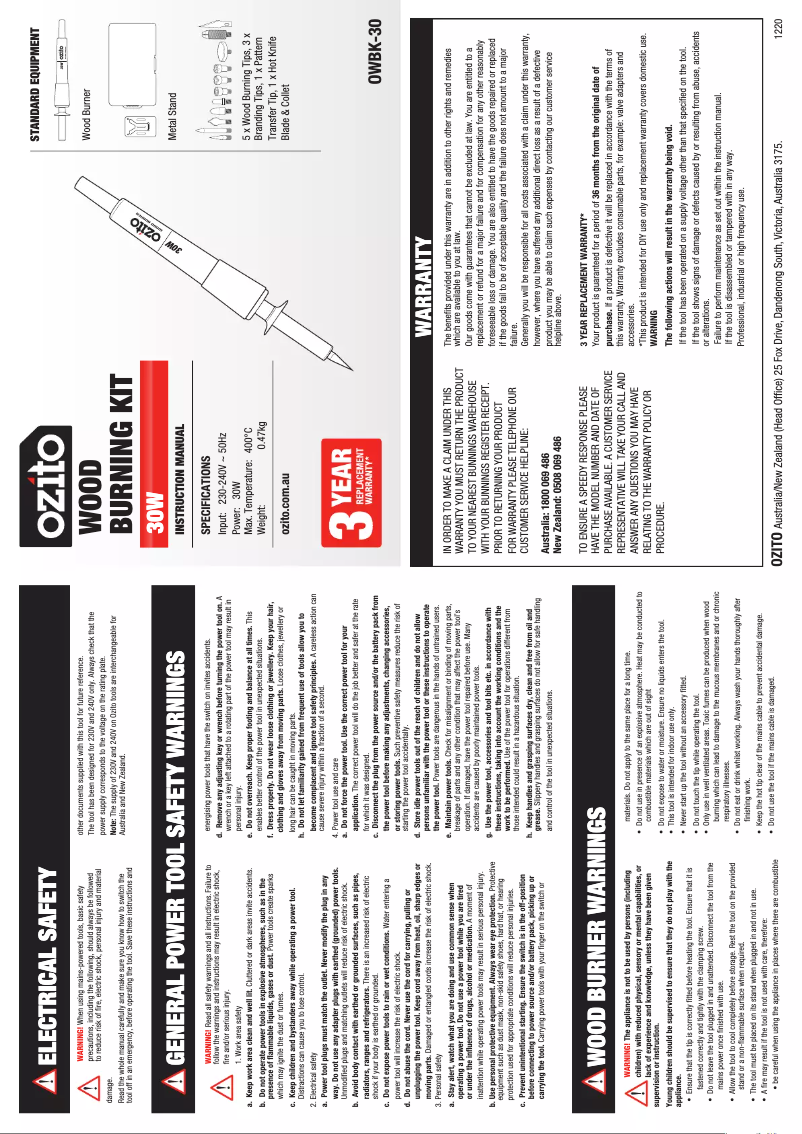 Page 1 de la notice Manuel utilisateur Ozito OWBK-30