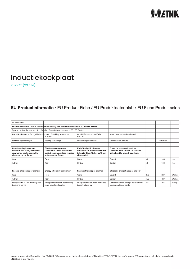 Page 1 de la notice Fiche technique Etna KI129