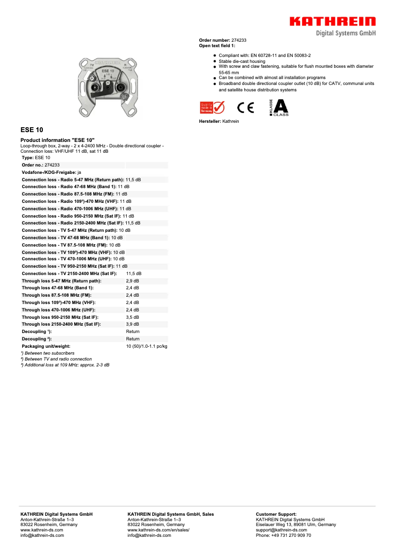 Page 1 de la notice Fiche technique Kathrein ESE 10