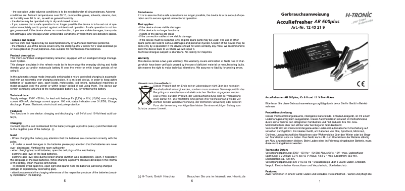 Page 1 de la notice Manuel utilisateur H-Tronic AR 600plus