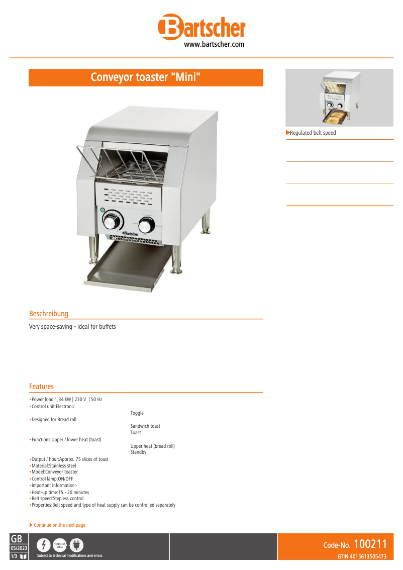 Page 1 de la notice Fiche technique Bartscher Mini 100211
