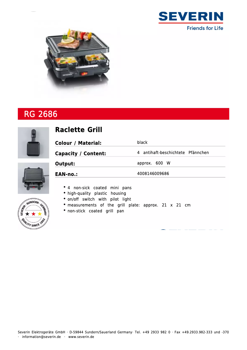 Page 1 de la notice Fiche technique Severin RG 2686