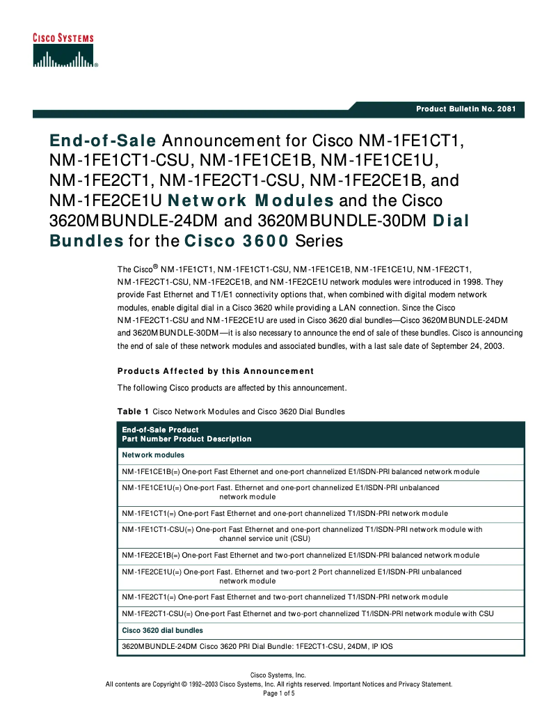 Page 1 de la notice Manuel utilisateur Cisco NM-1FE1CE1B=