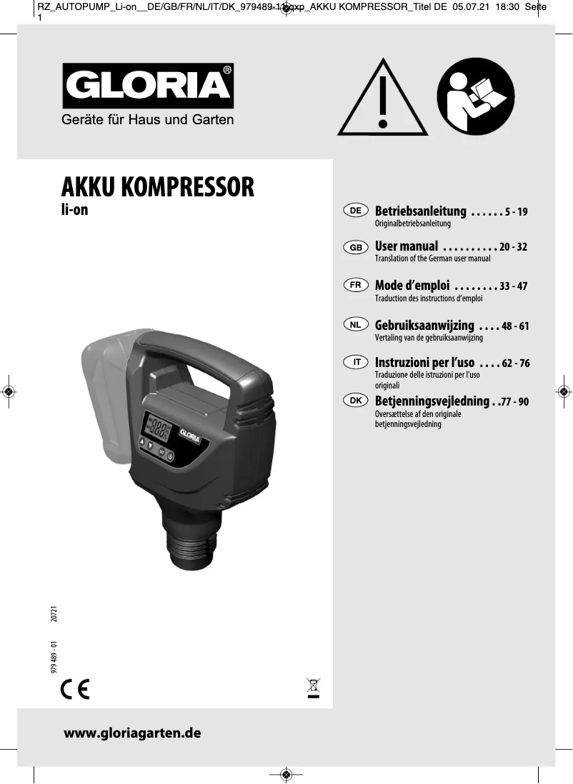 Page 1 de la notice Manuel utilisateur GLORIA Akku-Kompressor li-on