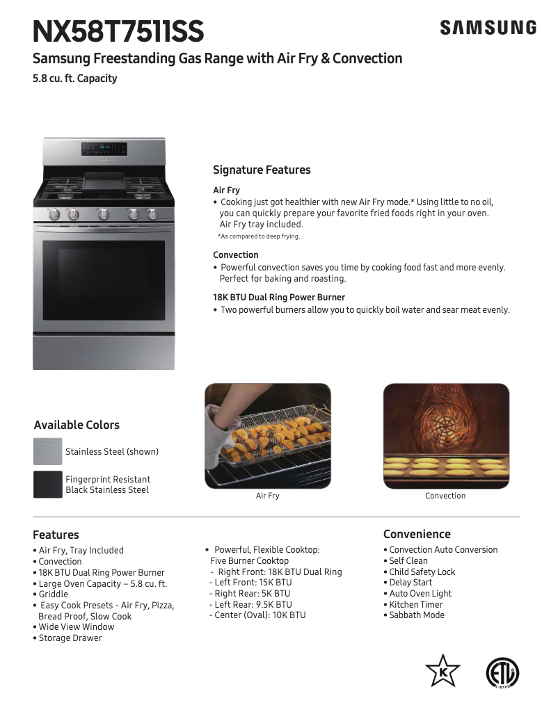 Page 1 de la notice Fiche technique Samsung NX58T7511SG/AA