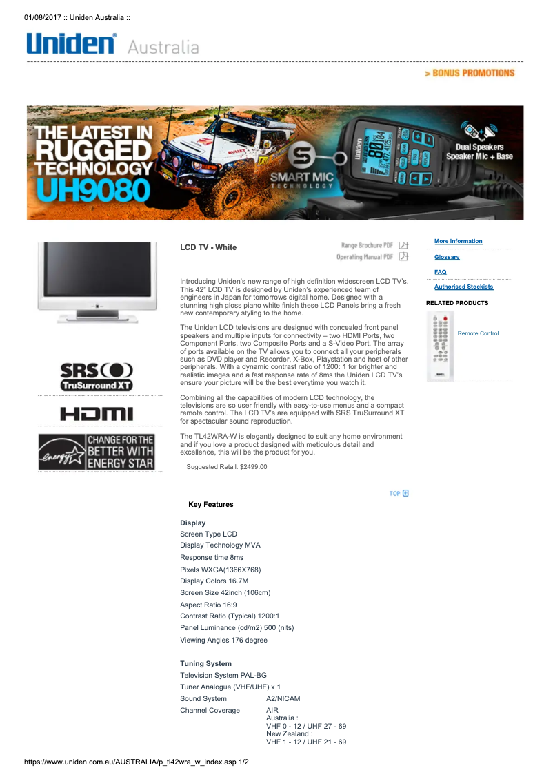 Page 1 de la notice Manuel utilisateur Uniden TL42WRA-W