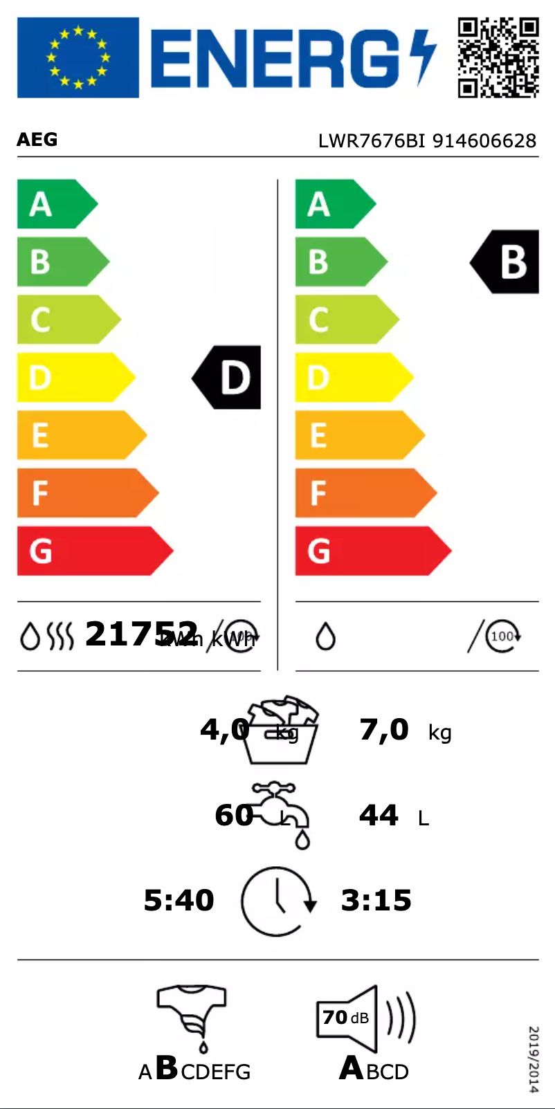 Page 1 de la notice Label énergétique AEG LWR7676BI