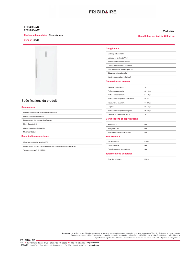 Page 1 de la notice Fiche technique Frigidaire FFFU20F1UW