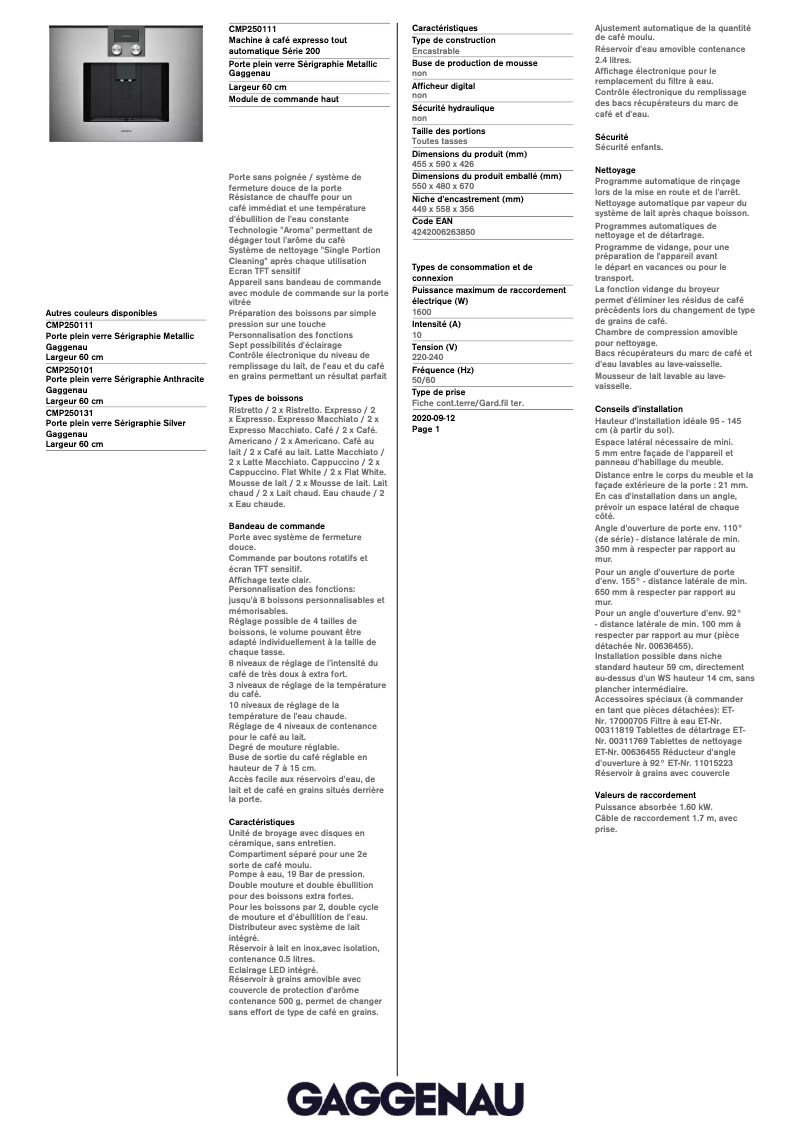 Page 1 de la notice Fiche technique Gaggenau CMP250111