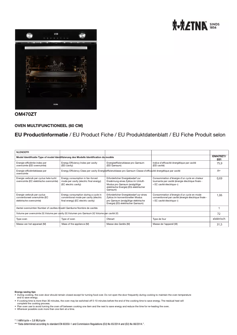 Page 1 de la notice Fiche technique Etna OM470ZT
