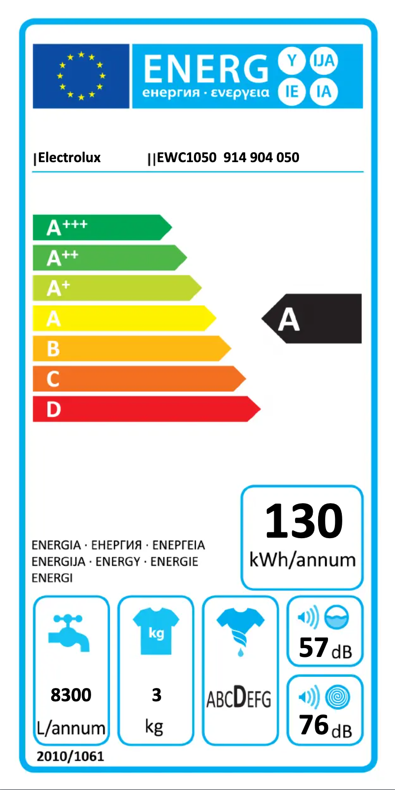 Página 1 del manual Etiqueta energética Electrolux EWC1050