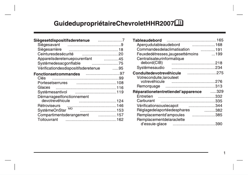 Page 1 de la notice Manuel utilisateur Chevrolet HHR (2007)