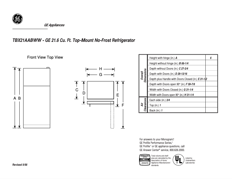 Page 1 of the manual Technical Sheet GE TBX21AABWW