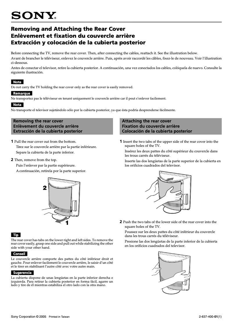 Page 1 de la notice Guide d'installation Sony Wega KLV-S15G10