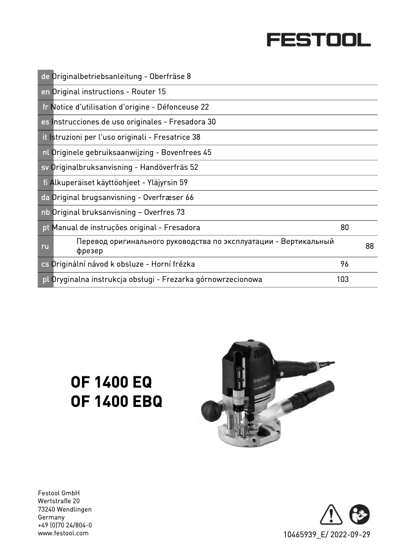 Page 1 de la notice Manuel utilisateur Festool OF 1400 EQ
