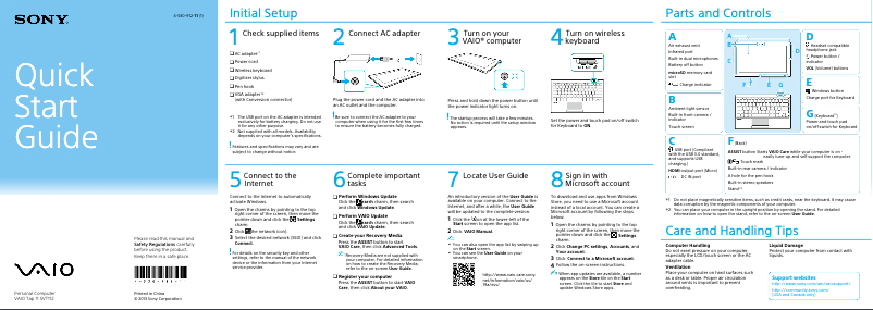 Page 1 de la notice Guide d'installation Sony Vaio Tab 11 SVT112290S