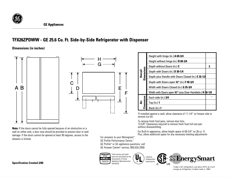 Page n°1 - Fiche technique GE TFX26ZPDWW