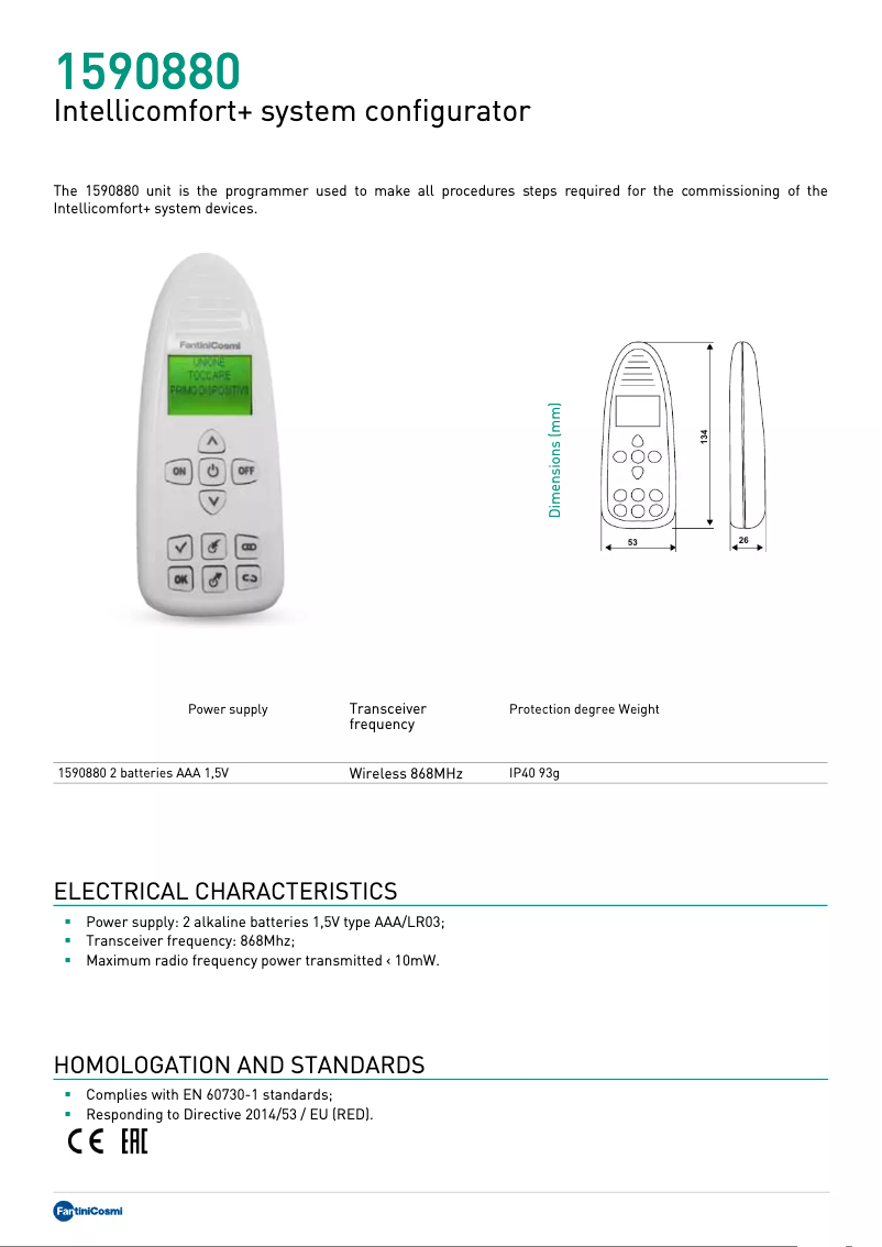 Page 1 de la notice Fiche technique Fantini Cosmi 1590880
