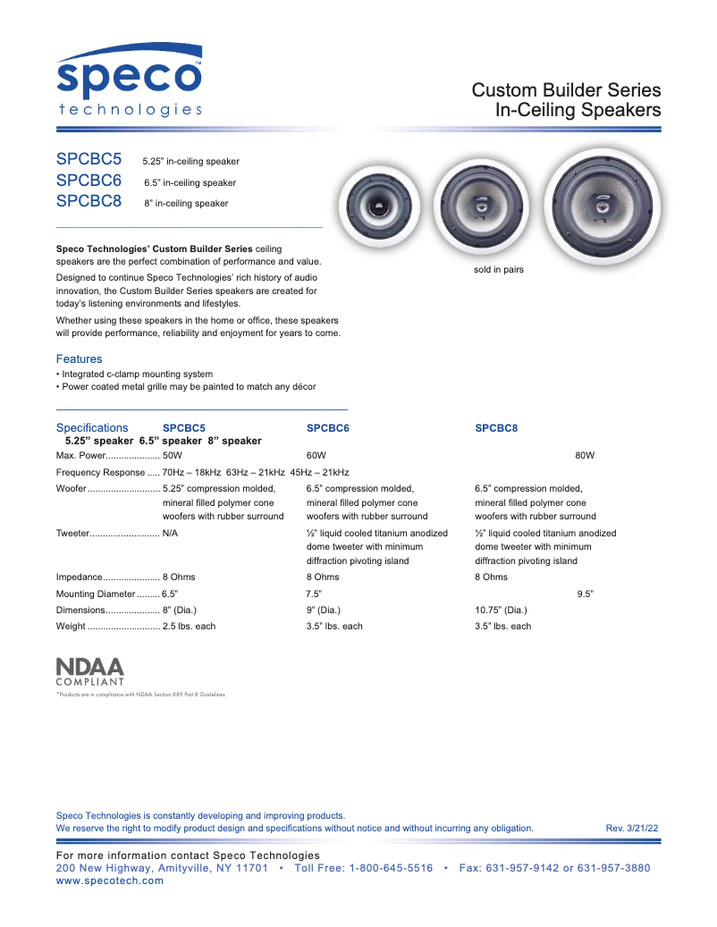 Page 1 de la notice Fiche technique Speco Technologies SPCBC6