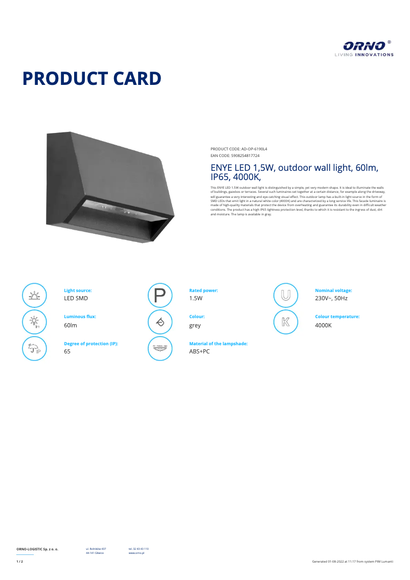 Page 1 de la notice Fiche technique Adviti AD-OP-6190L4