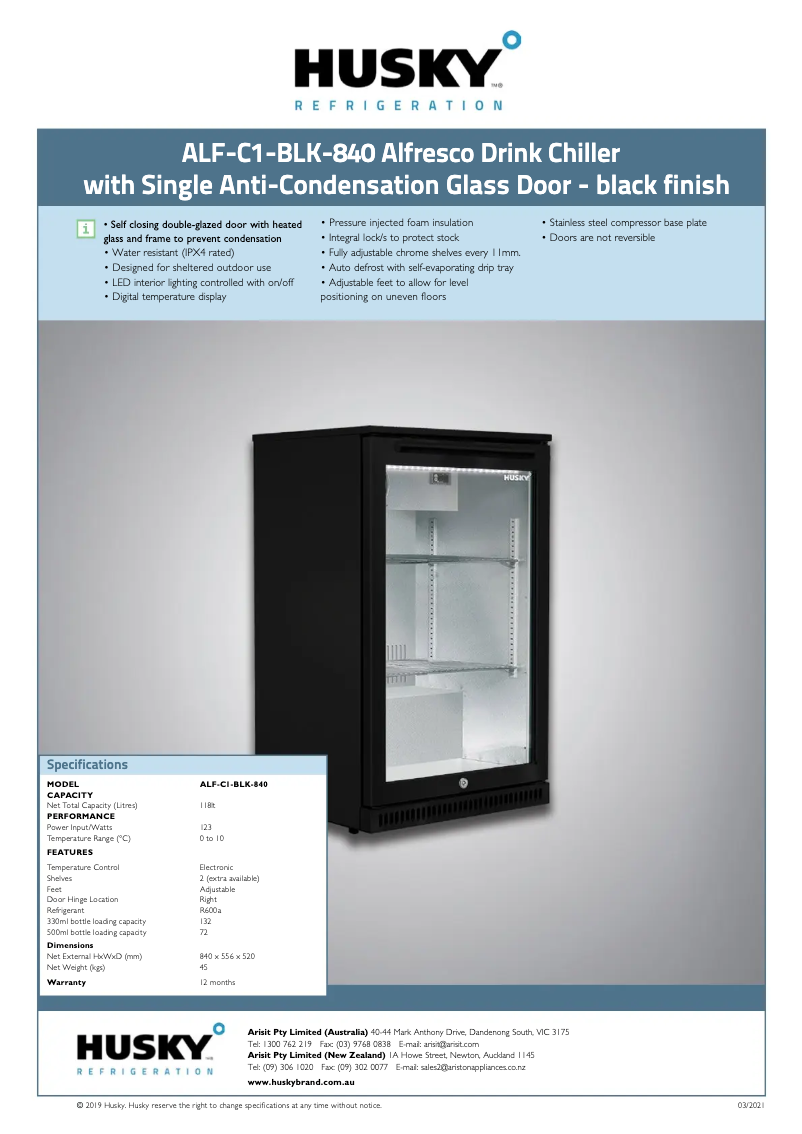 Página 1 del manual Ficha técnica Husky ALF-C1-BLK-840