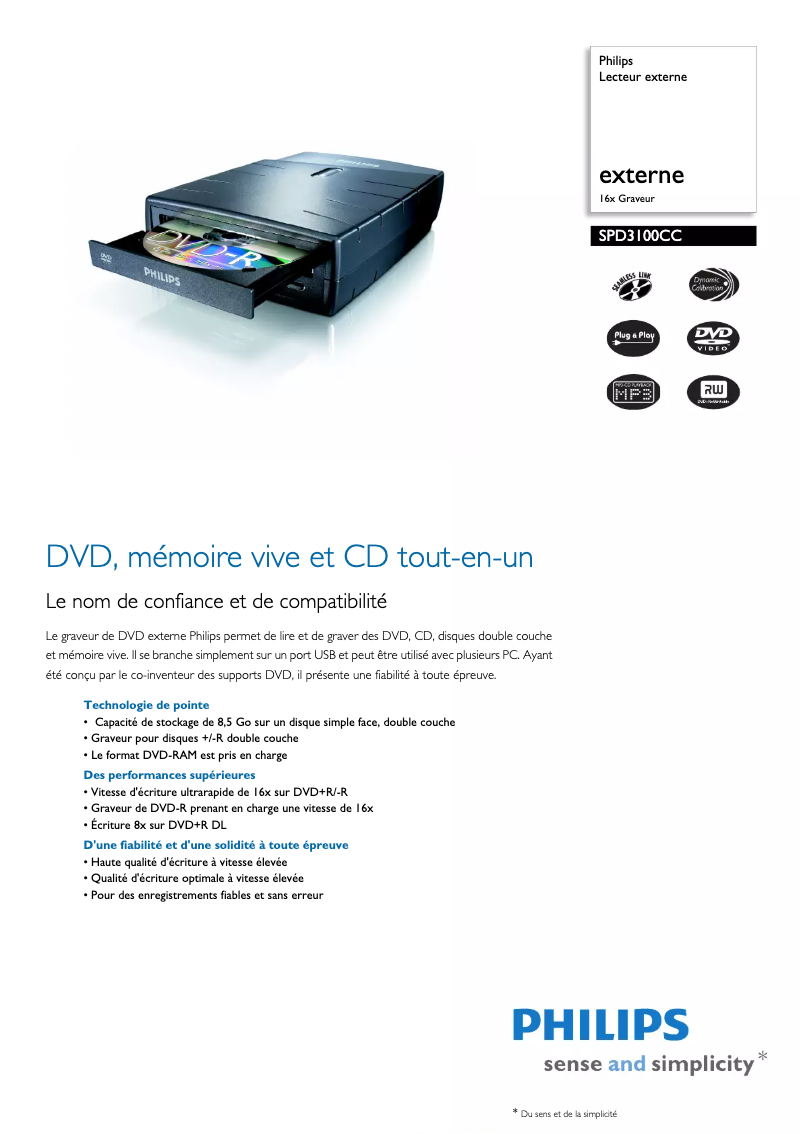 Page 1 of the manual Technical Sheet Philips SPD3100CC