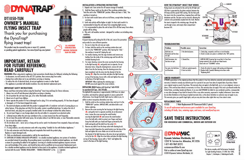 Page 1 de la notice Manuel utilisateur Dynatrap DT1050-TUN