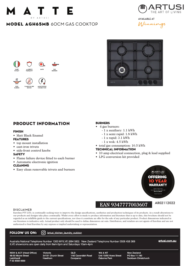 Page 1 de la notice Fiche technique Artusi AGH65MB