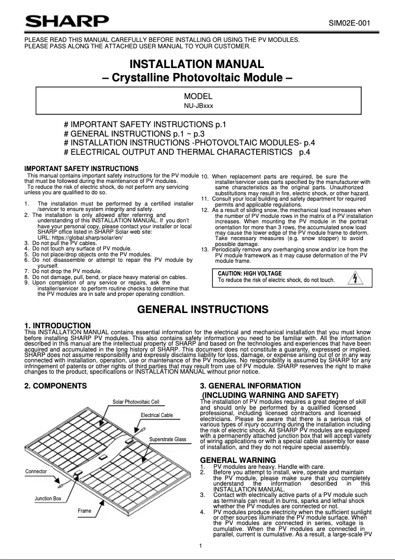Page 1 de la notice Manuel utilisateur Sharp NU-JB395
