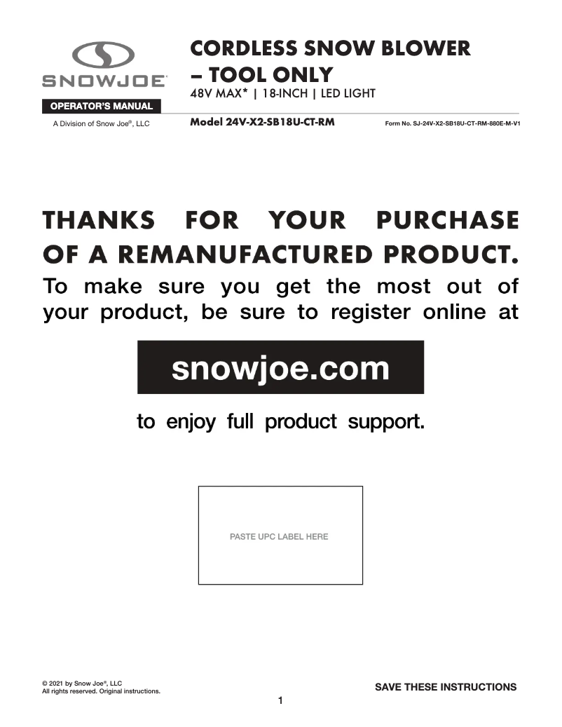 Page 1 de la notice Manuel utilisateur Snow Joe 24V-X2-SB18U-CT-RM