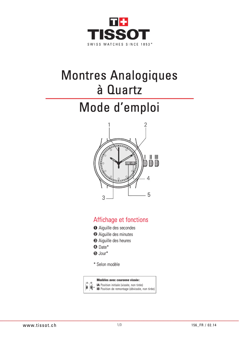 Page 1 de la notice Manuel utilisateur Tissot T10