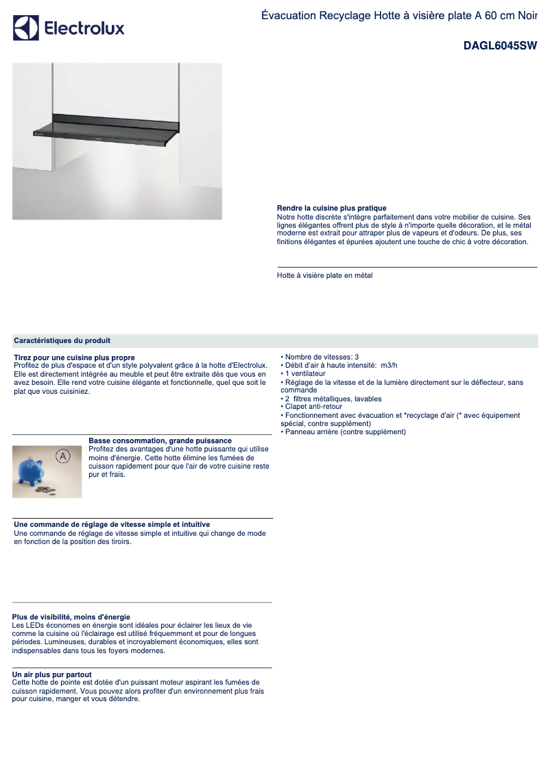 Page 1 de la notice Fiche technique Electrolux DAGL6045SW