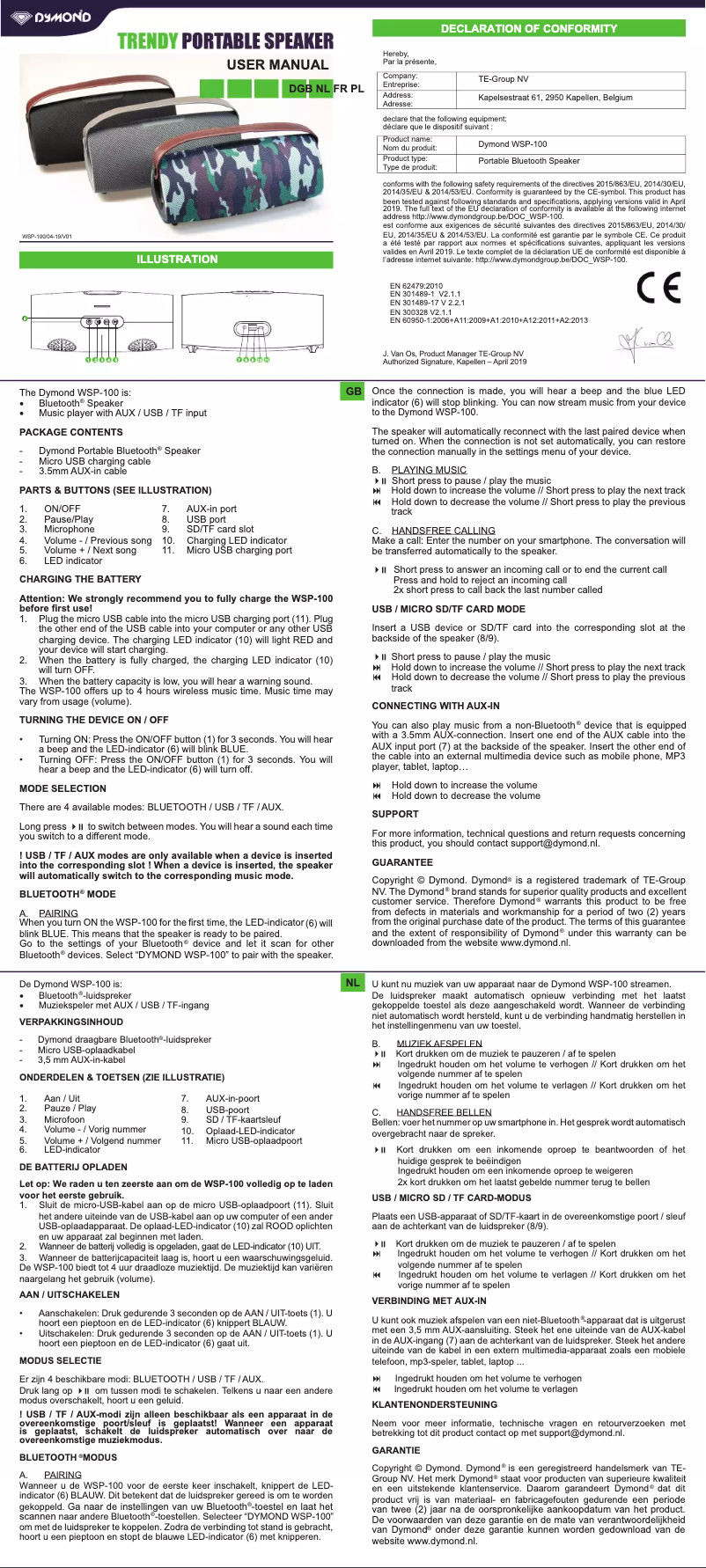 Page 1 de la notice Manuel utilisateur Dymond WSP-100