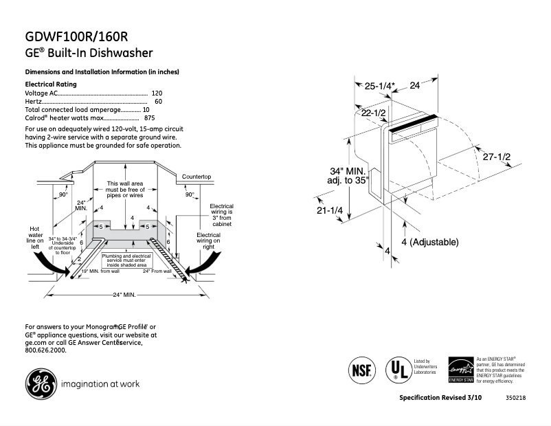 Página 1 del manual Ficha técnica GE GDWF160RSS