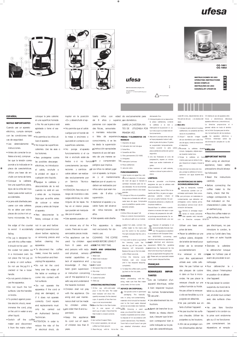 Page 1 de la notice Manuel utilisateur Ufesa Capriccio Plus 40 CG1602