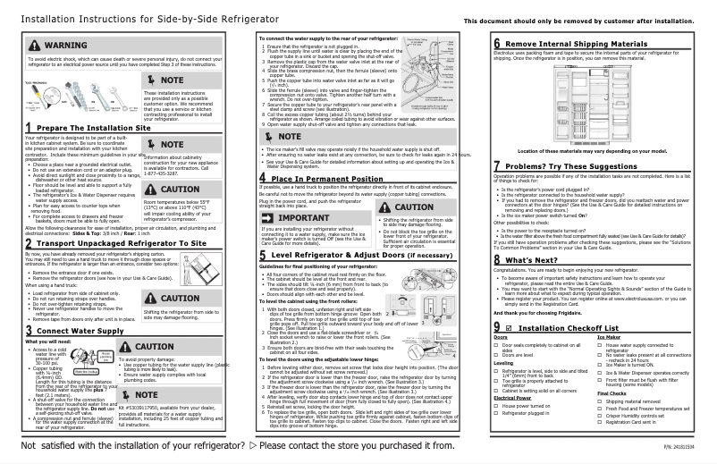 Page 1 de la notice Guide d'installation Frigidaire FSC23F7HSB
