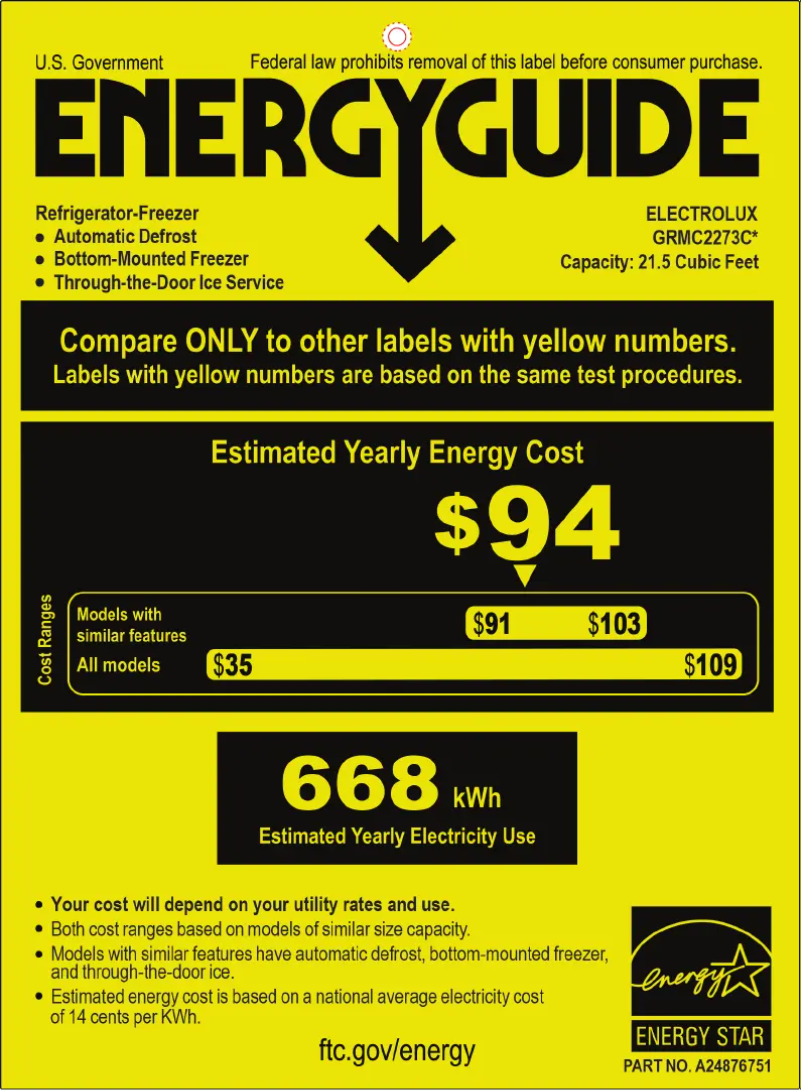 Page 1 de la notice Label énergétique Frigidaire GRMC2273CF